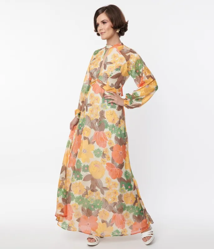 Smak Parlour 1970s Orange & Yellow Floral Empire Maxi sold by Unique Vintage