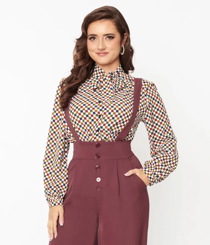 Multicolor Check Long Sleeve Bow Blouse sold by Unique Vintage