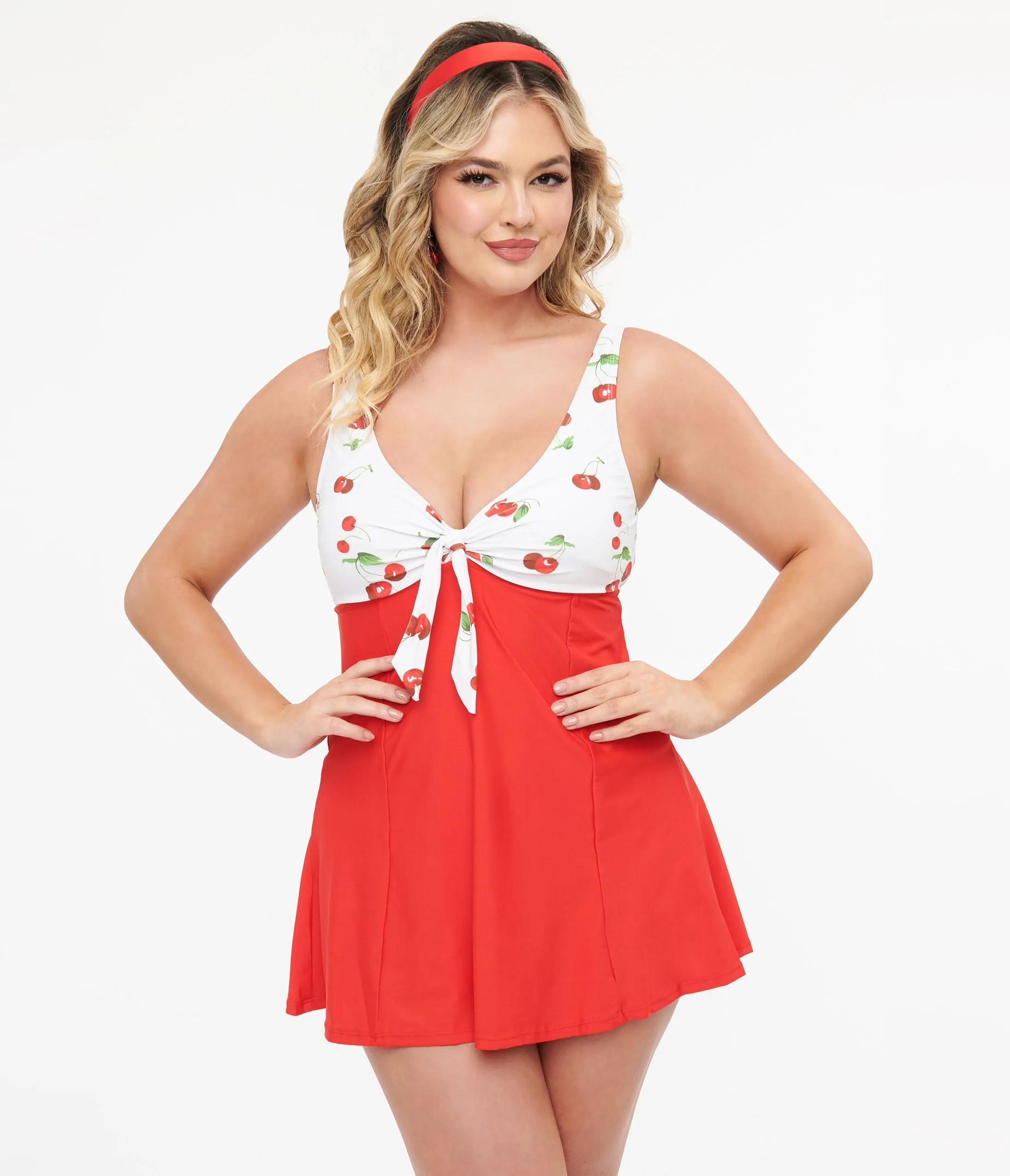 White & Red Cherry Print Skirted Swimsuit sold by Unique Vintage