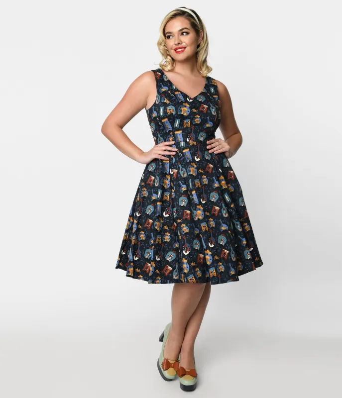 Navy Poisonous Plants Swing Dress made by Unique Vintage