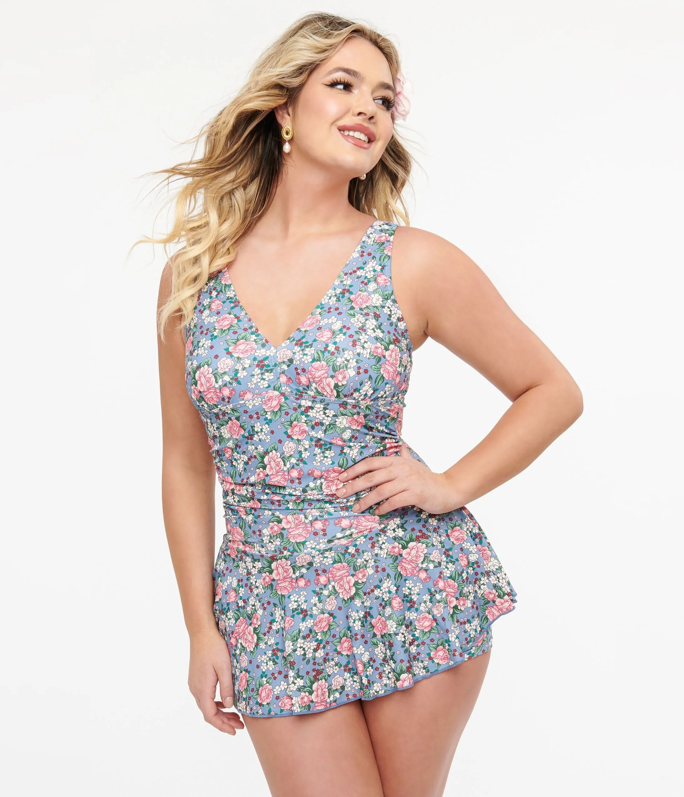 Blue & Pink Rose Print Skirted Swimsuit sold by Unique Vintage