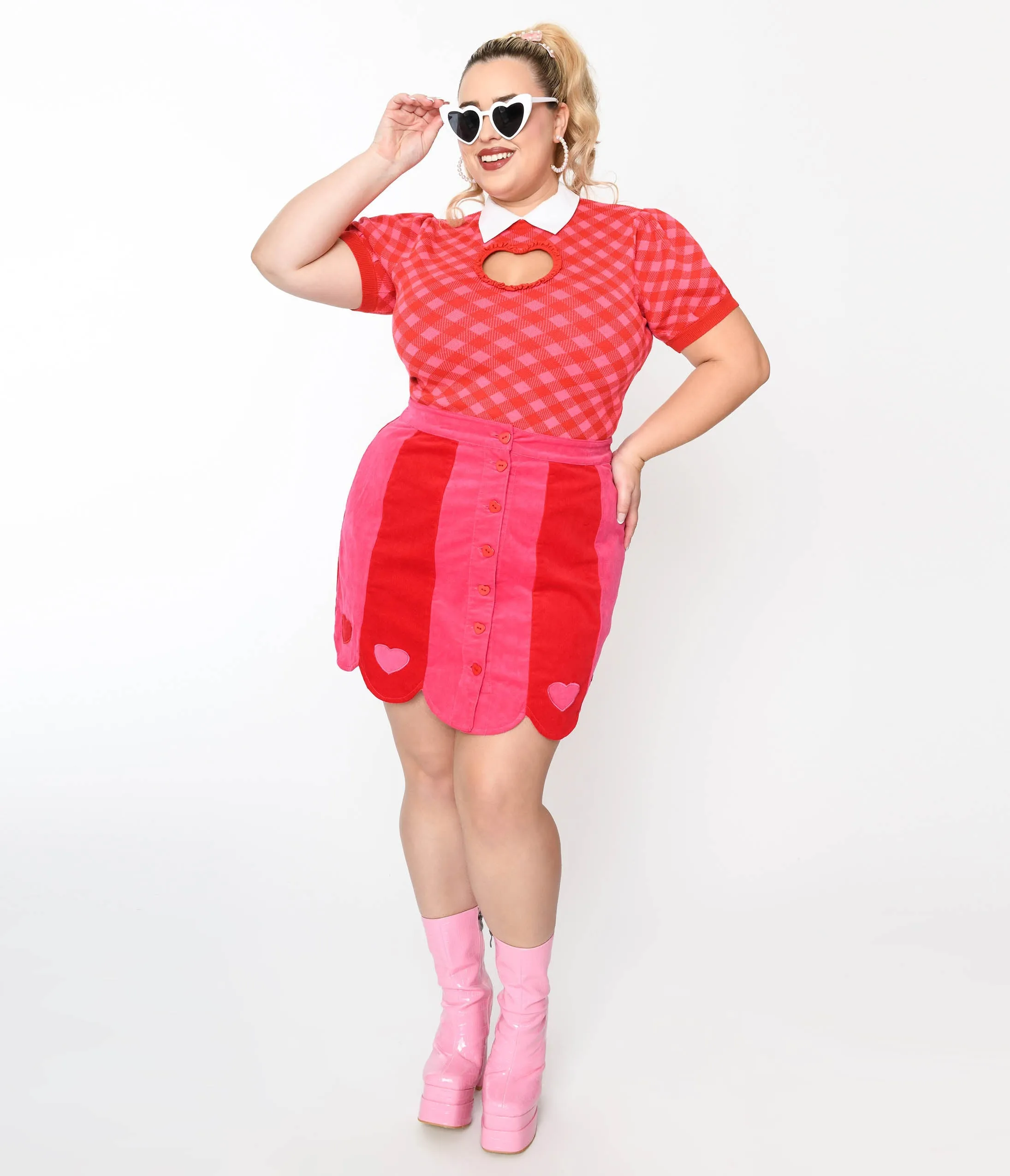 Smak Parlour Plus Size Red & Pink Love Corduroy Mini Skirt sold by Unique Vintage