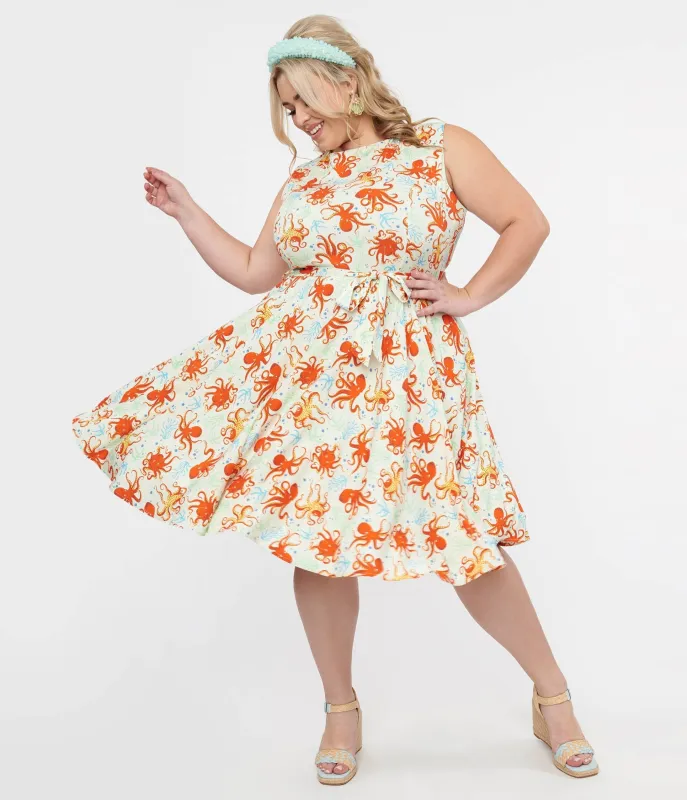 Plus Size 1950s Retro Orange Octopus Print Swing Dress sold by Unique Vintage