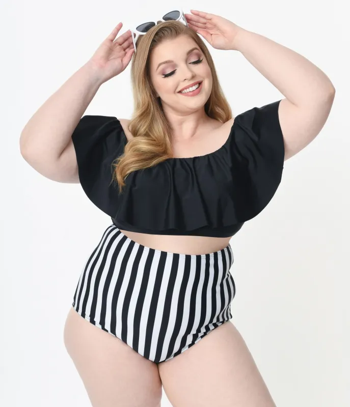 Unique Vintage Plus Size Black & White Stripe High Waist Louise Swim Bottoms sold by Unique Vintage