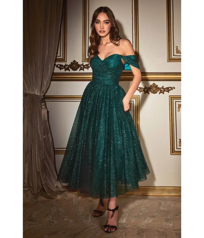 Ladivine by Cinderella Divine Emerald Green Glitter Off The Shoulder Tea Length Dress sold by Unique Vintage