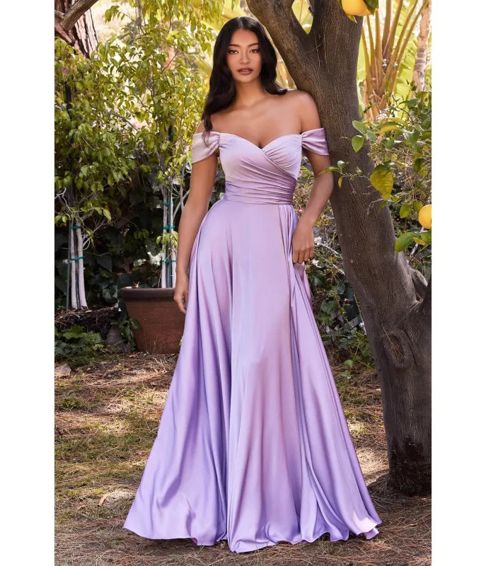 Ladivine by Cinderella Divine Lavender Satin Off The Shoulder Bridesmaid Gown sold by Unique Vintage