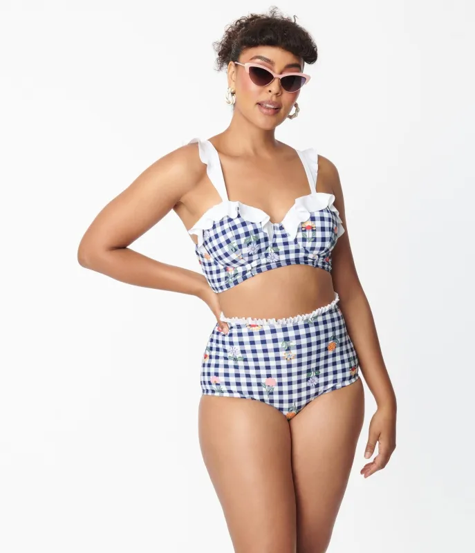 Unique Vintage Navy Gingham & Floral Cape May Swim Bottoms sold by Unique Vintage