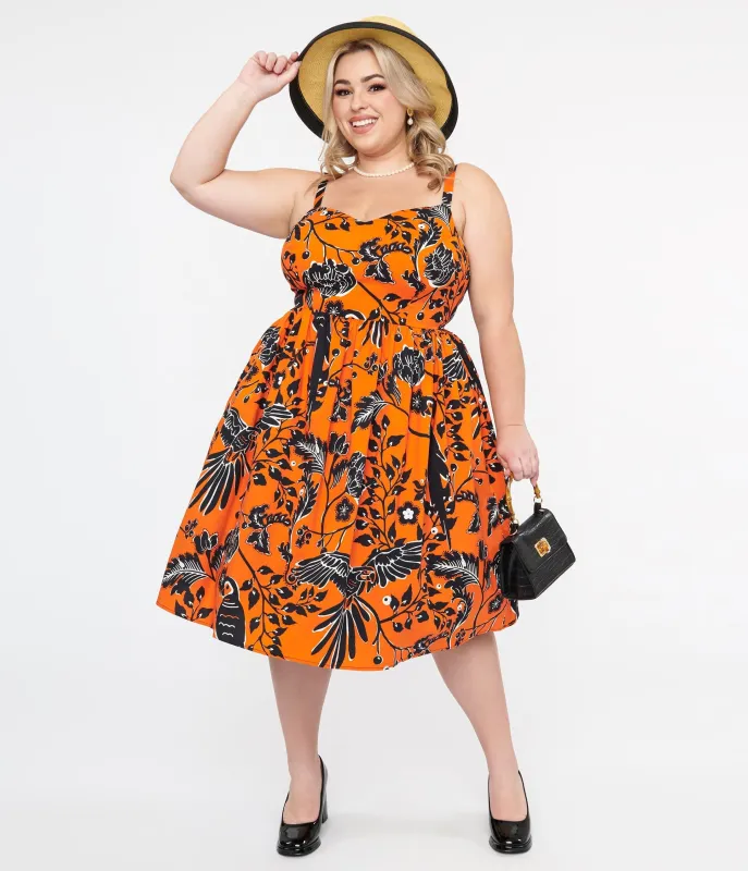 Hell Bunny Plus Size 1950s Orange & Black Parrot Print Rio Swing Dress sold by Unique Vintage