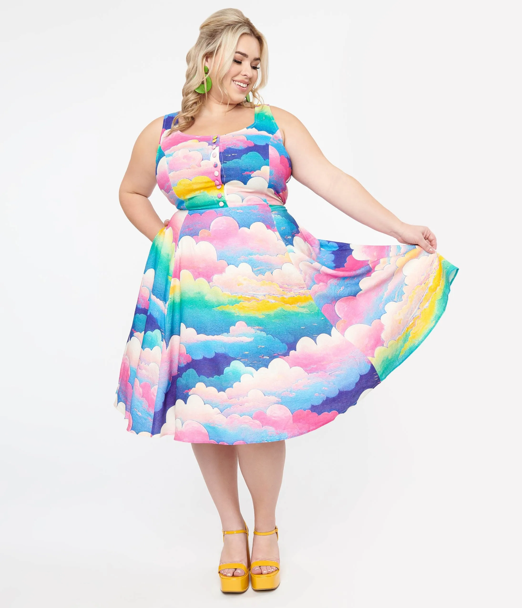 Plus Size 1950s Pink & Rainbow Cloud Print Heidi Fit & Flare Dress sold by Unique Vintage