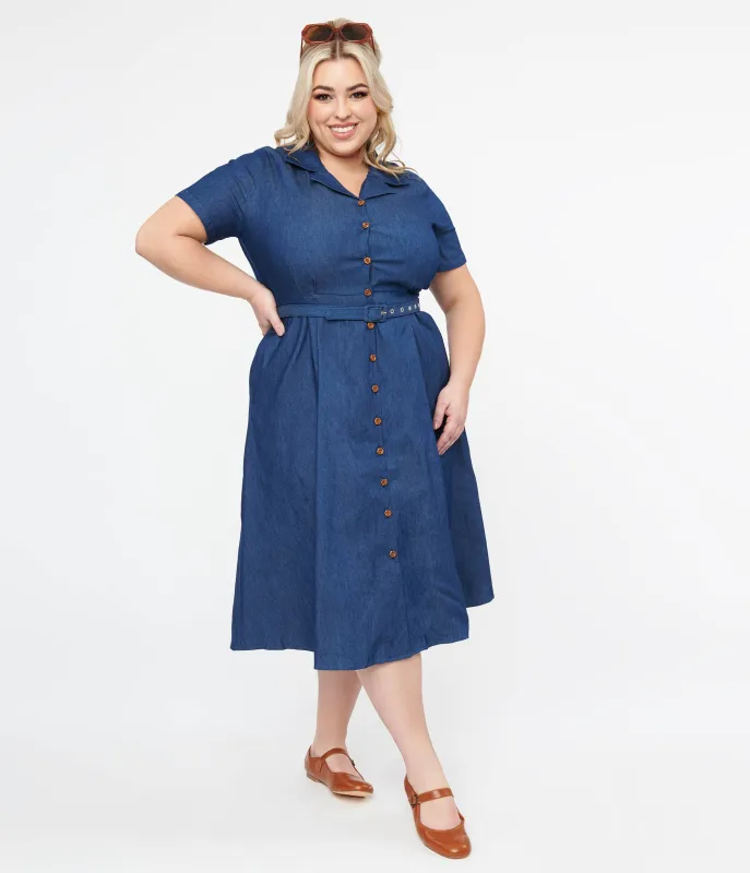 Plus Size 1940s Denim Midi Dress sold by Unique Vintage
