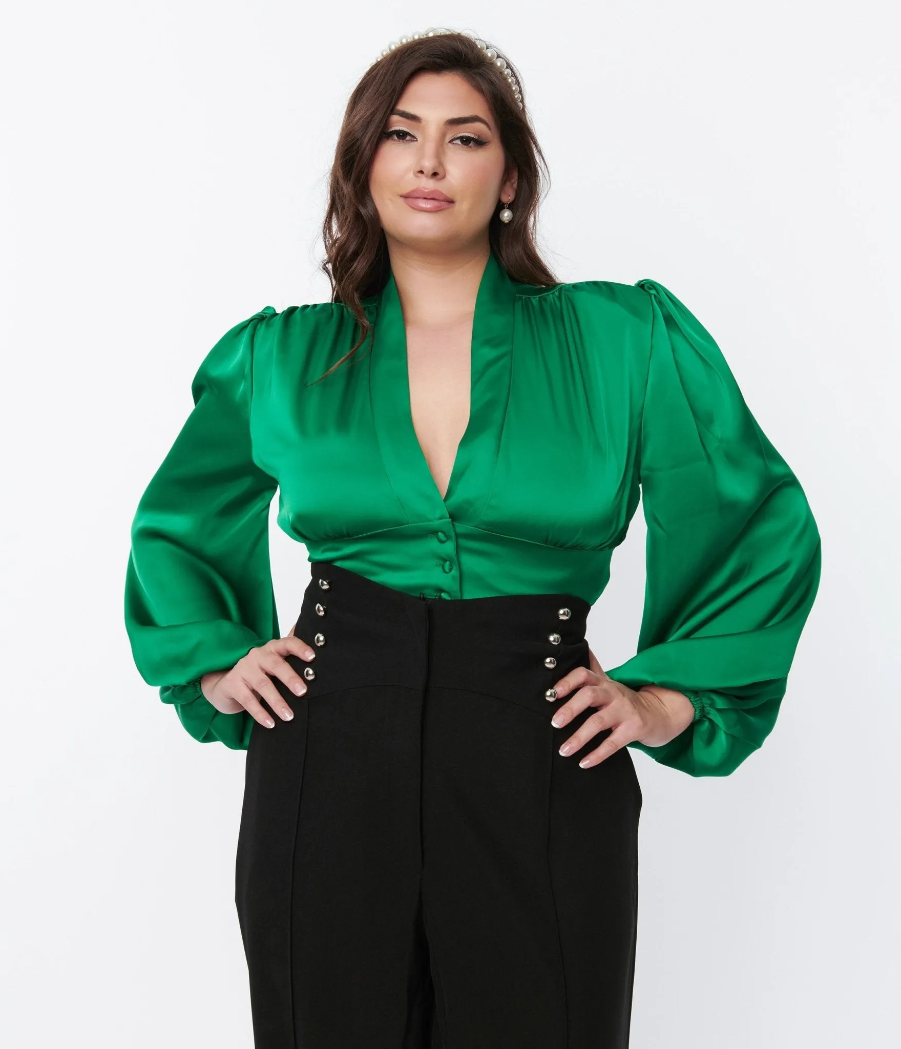 Green Satin Balloon Sleeve Blouse sold by Unique Vintage