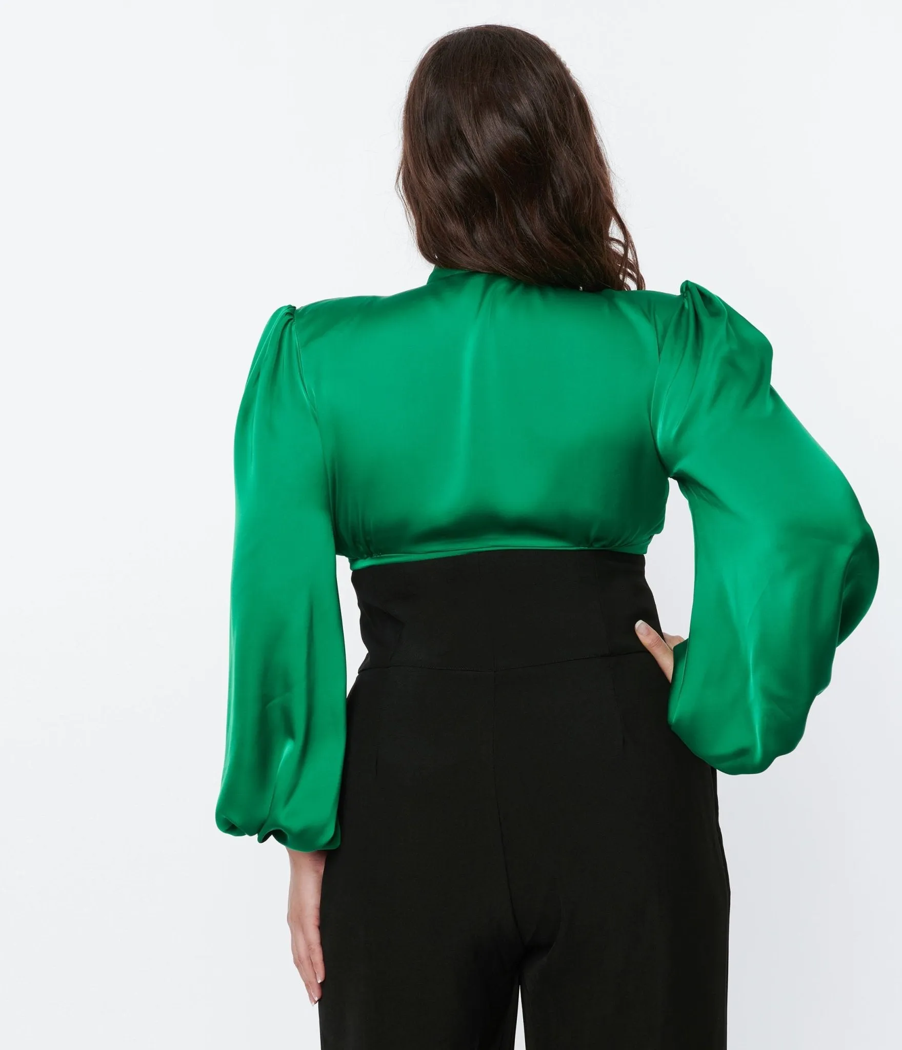 Green Satin Balloon Sleeve Blouse sold by Unique Vintage product image thumbnail 3