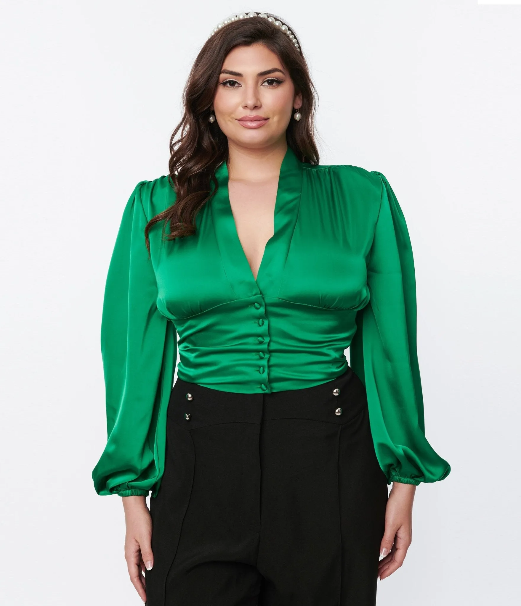 Green Satin Balloon Sleeve Blouse sold by Unique Vintage product image thumbnail 2