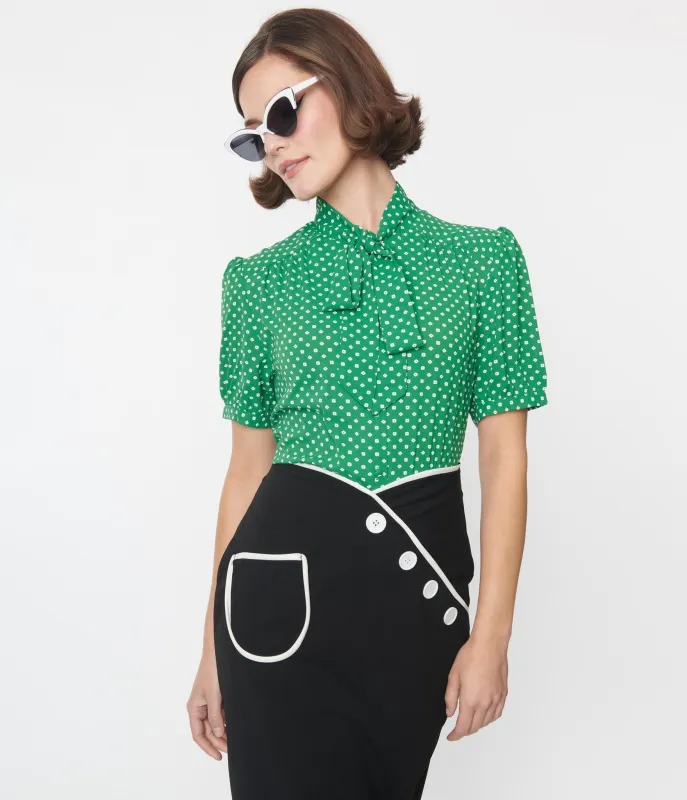 Green & White Polka Dot Bow Top sold by Unique Vintage