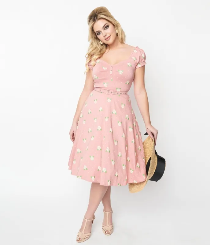 Unique Vintage Pink & Cream Rose Print Ohara Swing Dress made by Unique Vintage
