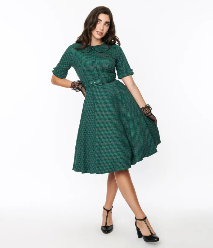 Voodoo Vixen Green Gingham Belted Swing Dress sold by Unique Vintage