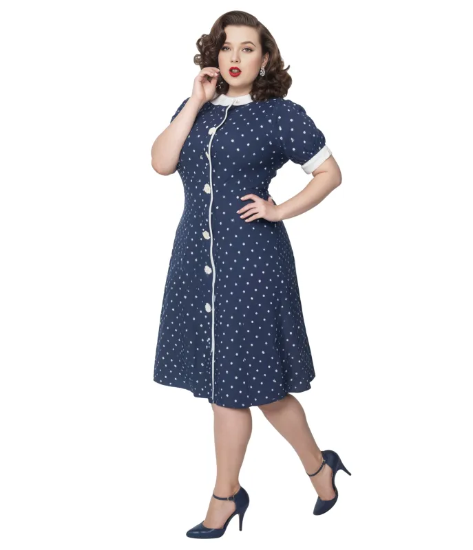 Unique Vintage Plus Size Navy & White Pin Dot Contrast Button Swing Dress sold by Unique Vintage