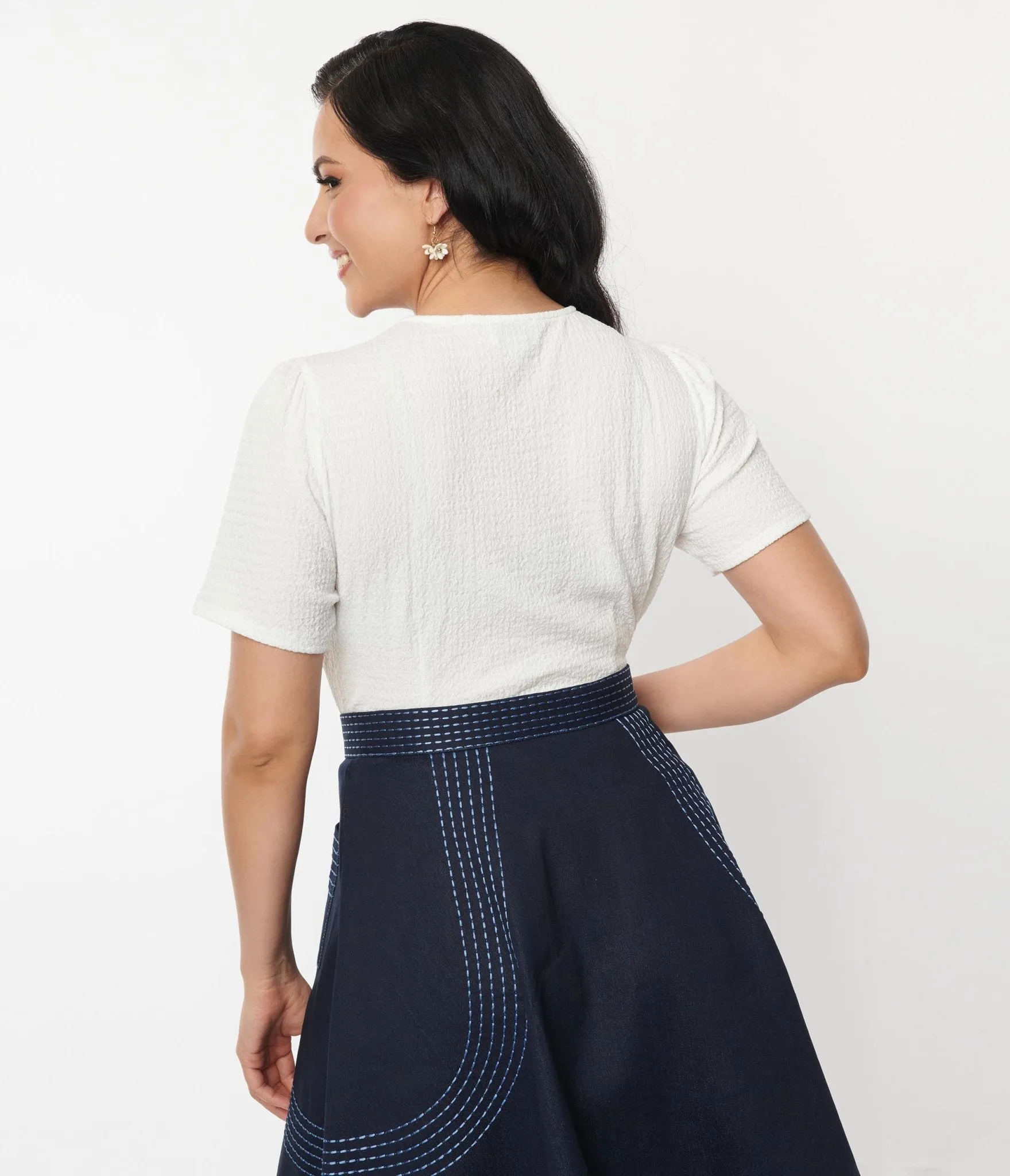 Unique Vintage White Textured Knit Short Sleeve Top With Collar Tie sold by Unique Vintage product image thumbnail 2