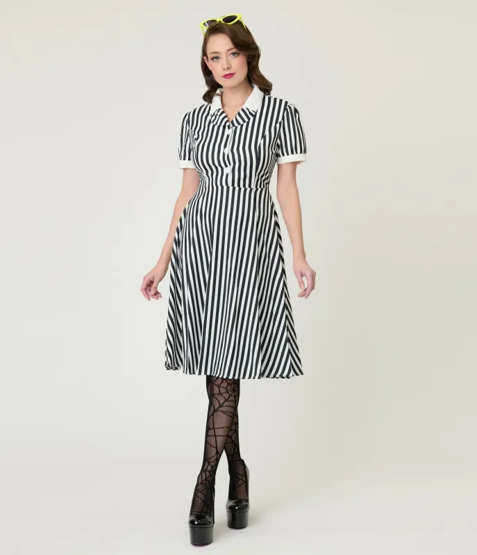 Black & White Stripe Fit & Flare Dress made by Unique Vintage