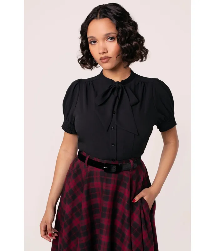 Hell Bunny Black Turner Bow Blouse made by Unique Vintage