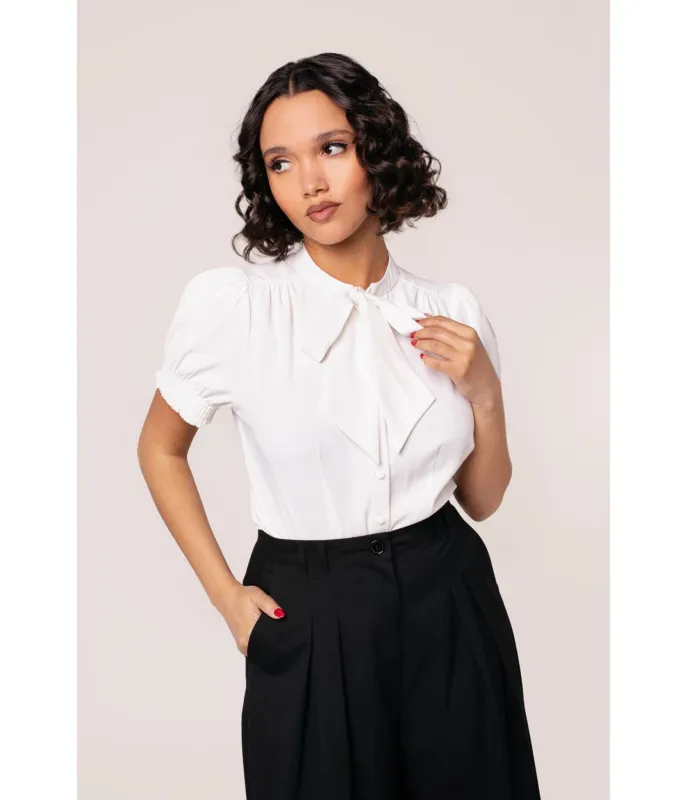 Hell Bunny White Turner Bow Blouse made by Unique Vintage