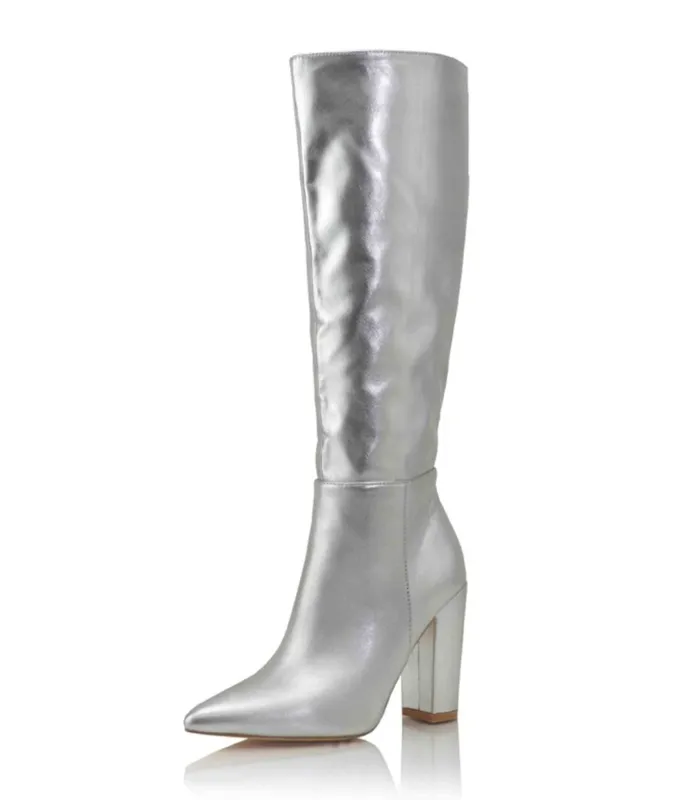 Silver Leatherette Knee High Boots sold by Unique Vintage