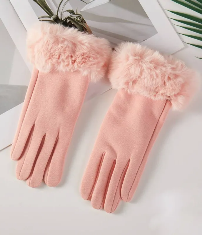 Pink Suede & Faux Fur Cuff Smart Touch Gloves sold by Unique Vintage