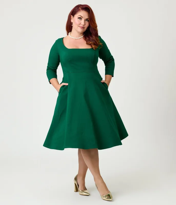 Unique Vintage Plus Size Green Square Neck Swing Dress sold by Unique Vintage
