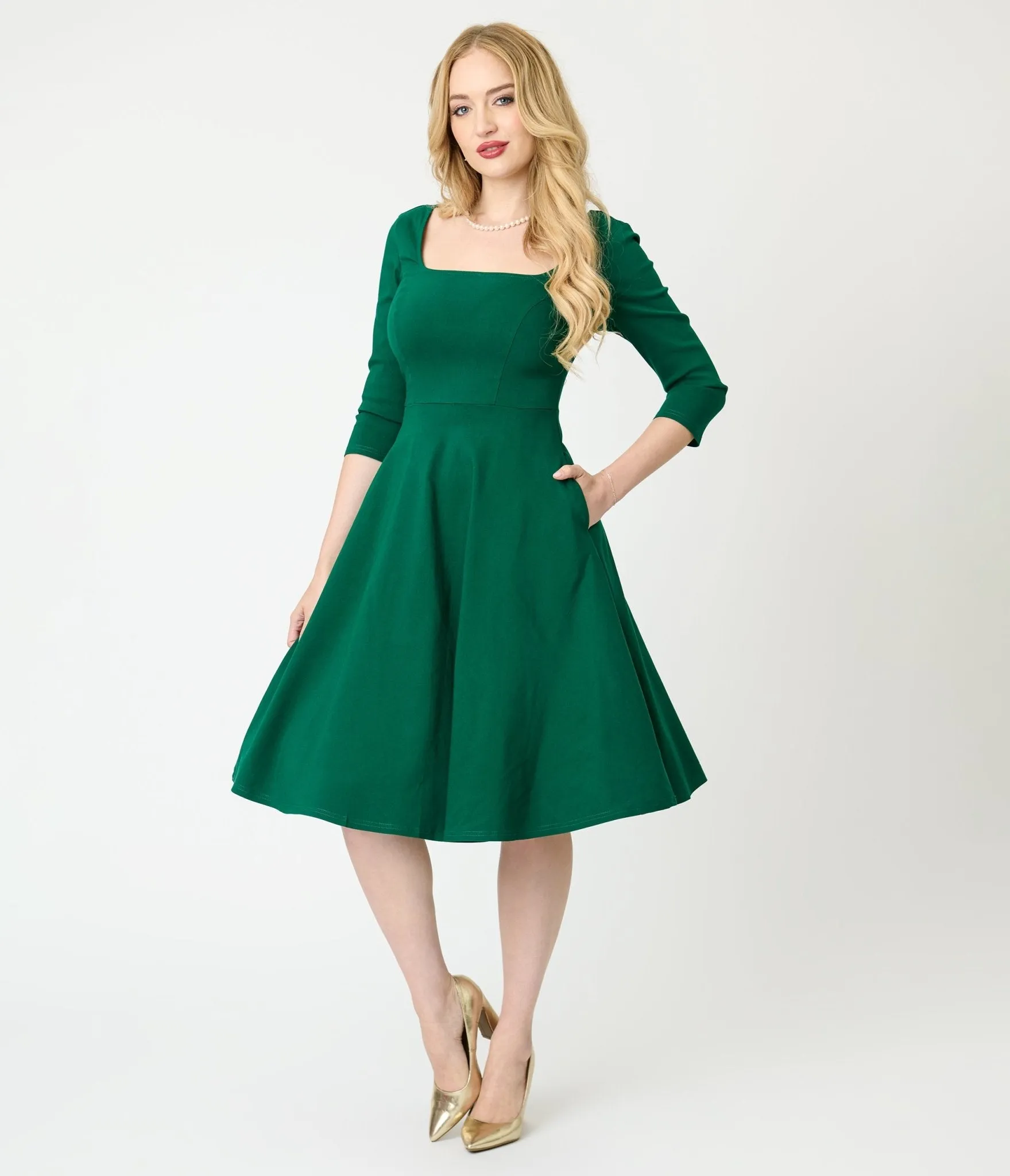 Unique Vintage Green Square Neck Swing Dress sold by Unique Vintage product image thumbnail 4