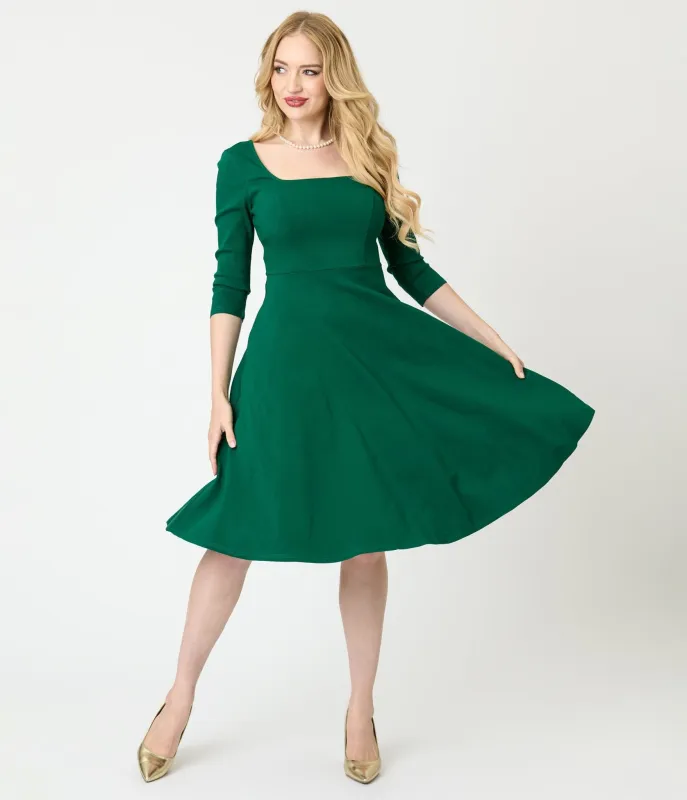 Unique Vintage Green Square Neck Swing Dress sold by Unique Vintage