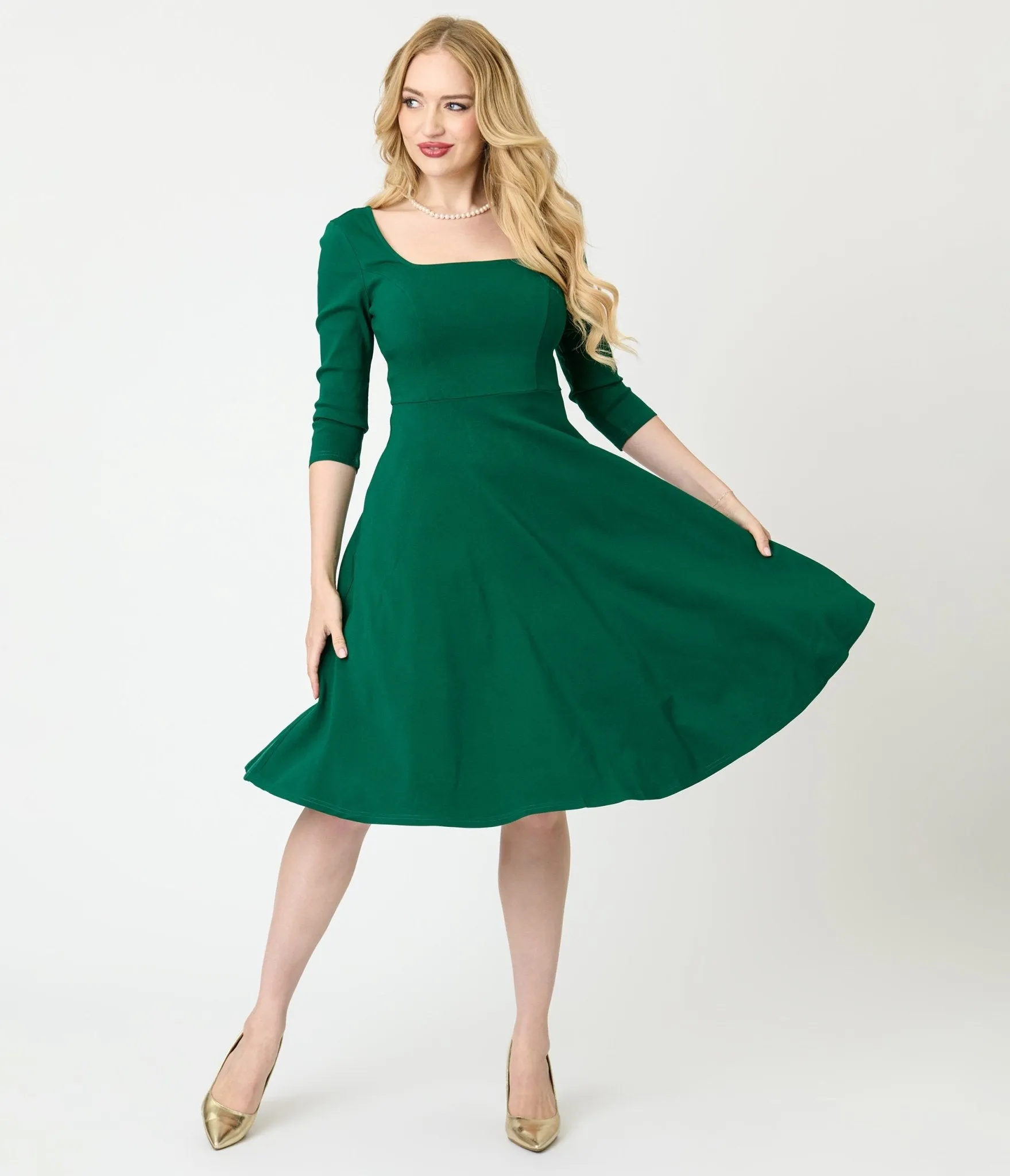 Unique Vintage Green Square Neck Swing Dress sold by Unique Vintage