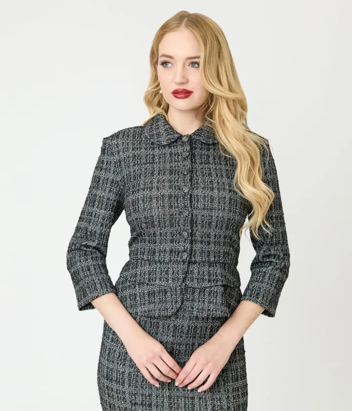 Unique Vintage Black & White Plaid Boucle Peplum Jacket sold by Unique Vintage