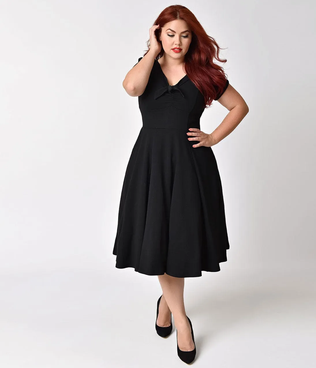 Unique Vintage Plus Size 1940s Style Black Knit Short Sleeve Natalie Swing Dress sold by Unique Vintage