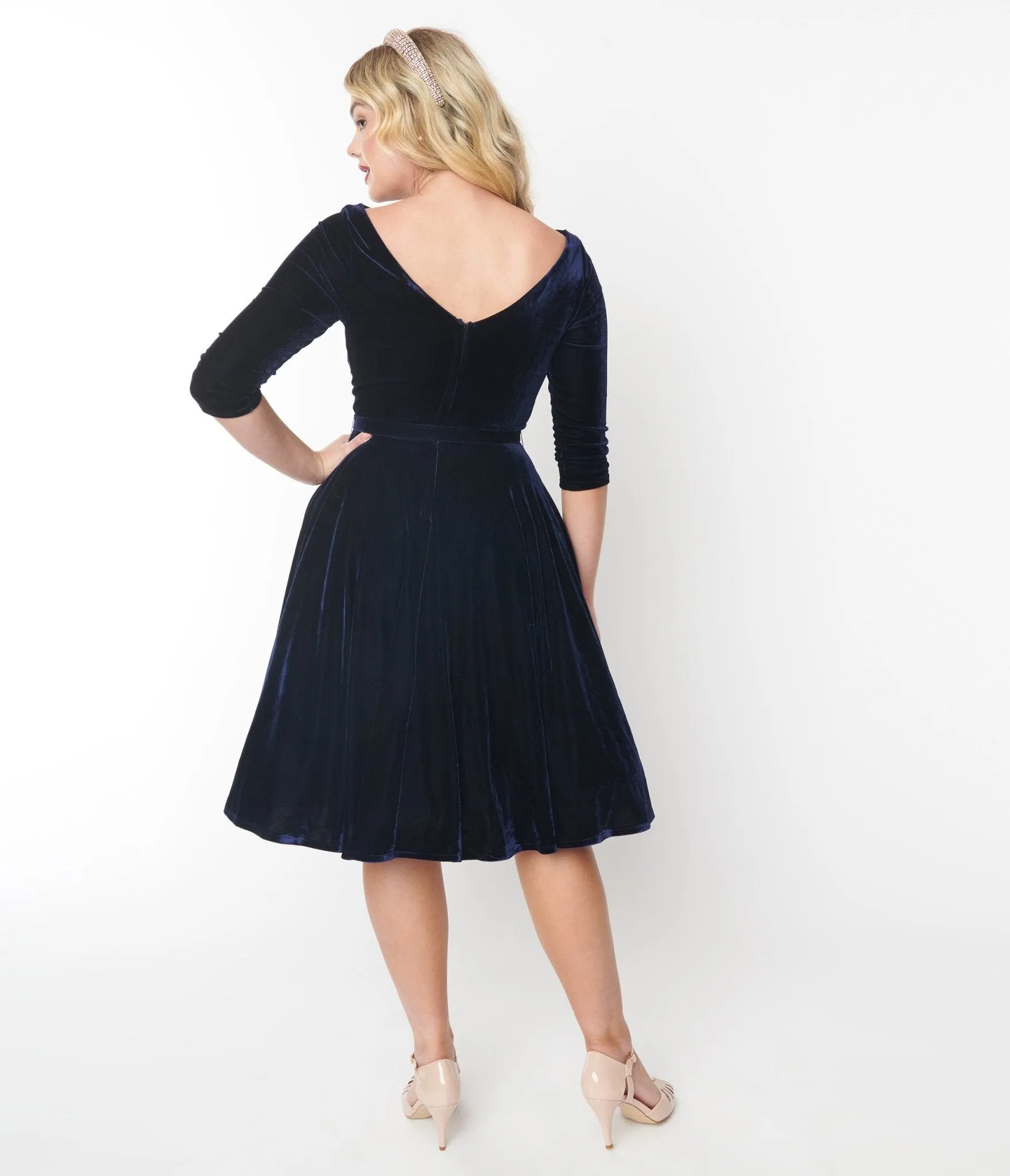 Unique Vintage Navy Velvet Devon Swing Dress sold by Unique Vintage product image thumbnail 2