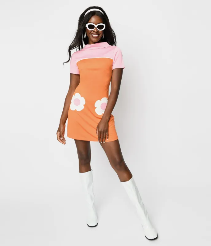 Smak Parlour 1960s Orange & Pink Flower Pocket Shift Dress sold by Unique Vintage