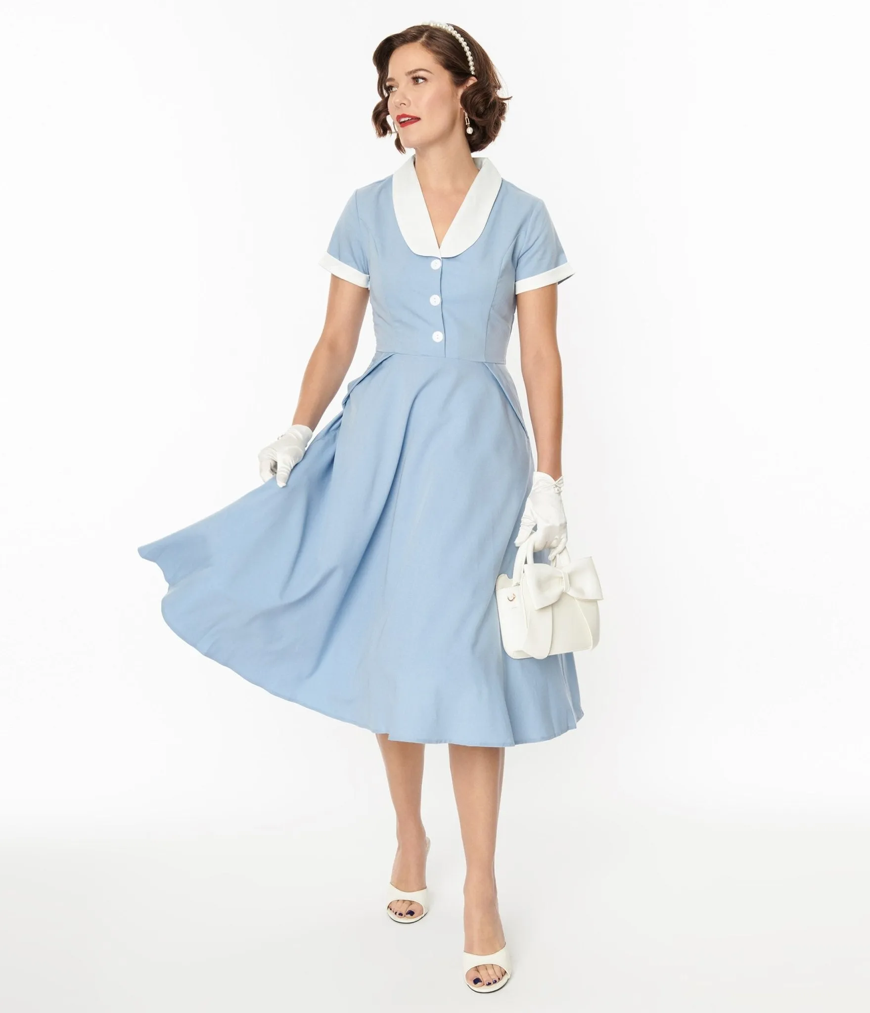Light Blue & White Hepburn Swing Dress sold by Unique Vintage