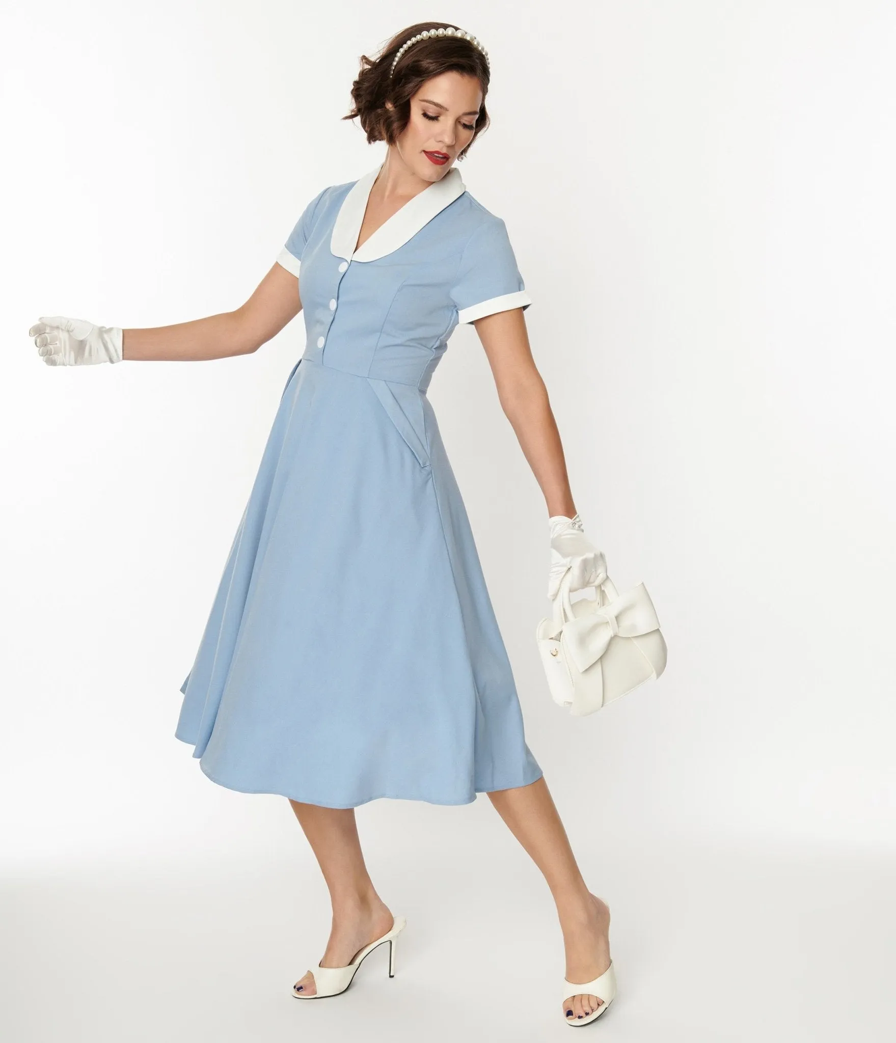 Light Blue & White Hepburn Swing Dress sold by Unique Vintage product image thumbnail 2