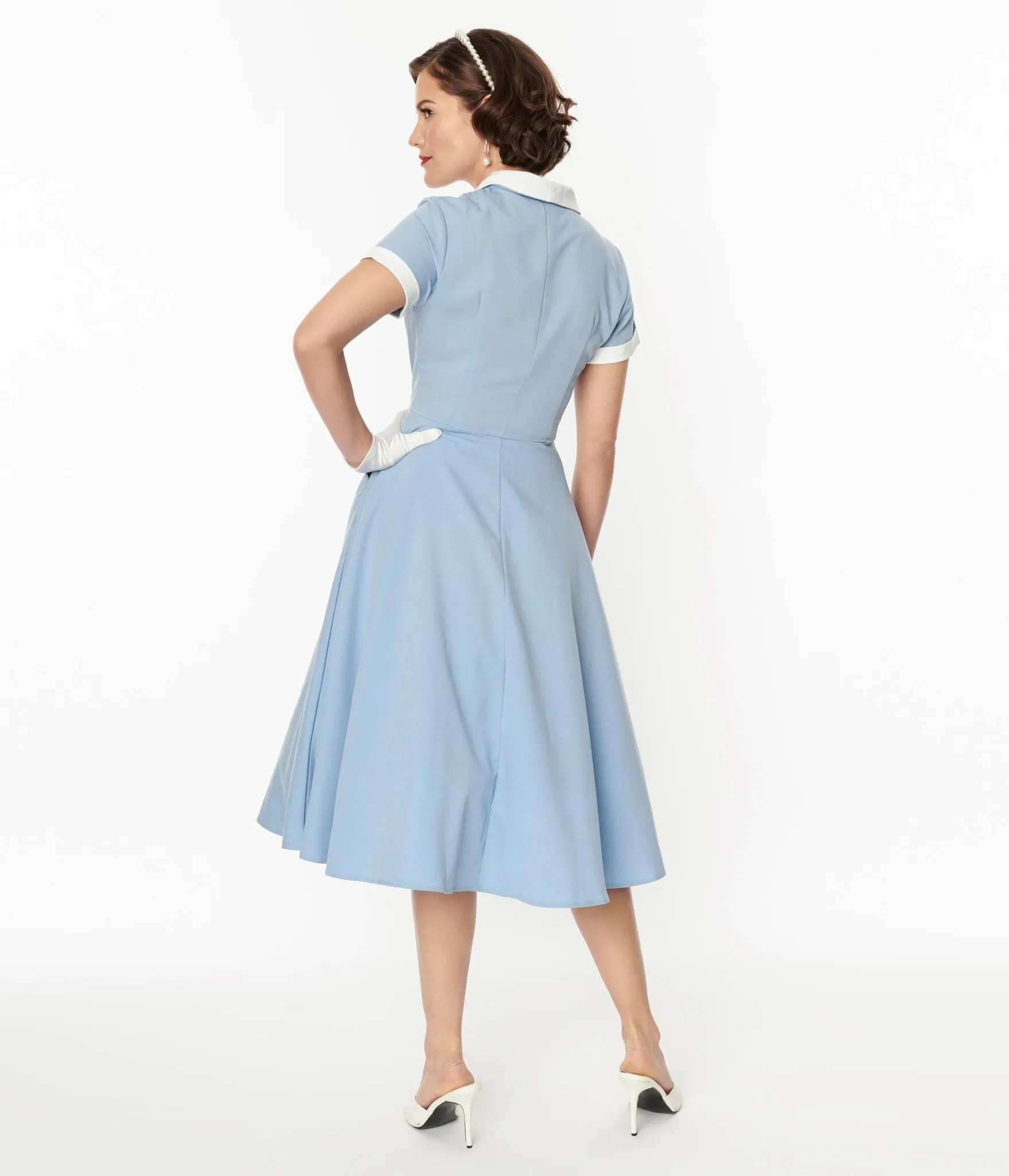 Light Blue & White Hepburn Swing Dress sold by Unique Vintage product image thumbnail 3