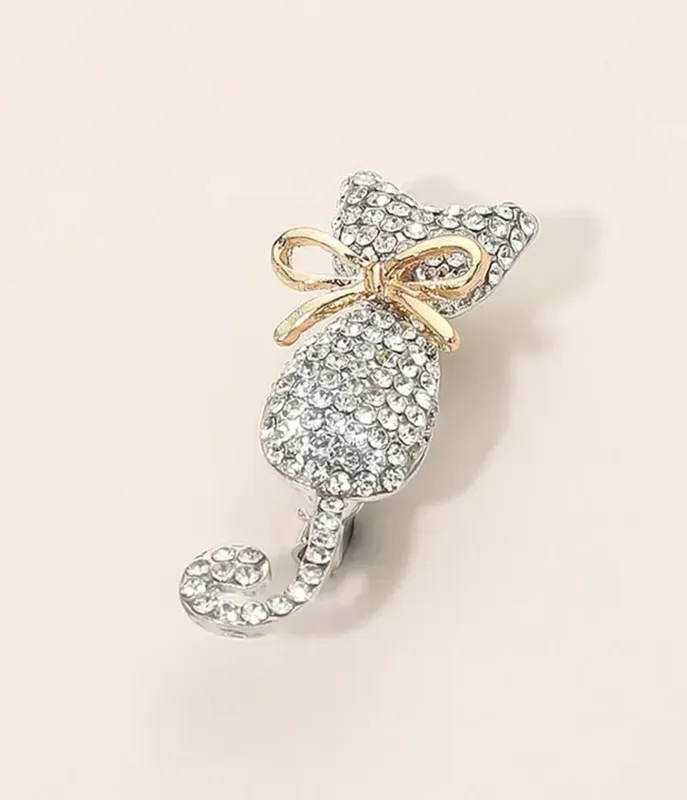 Silver Rhinestone Cat Brooch sold by Unique Vintage