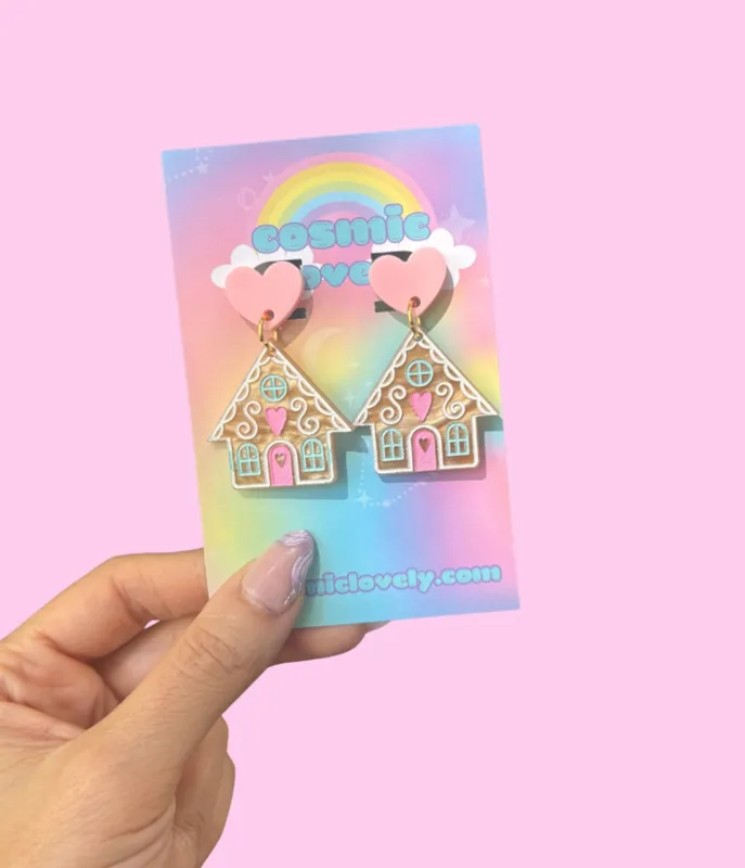 Pink Christmas Gingerbread House Earrings sold by Unique Vintage