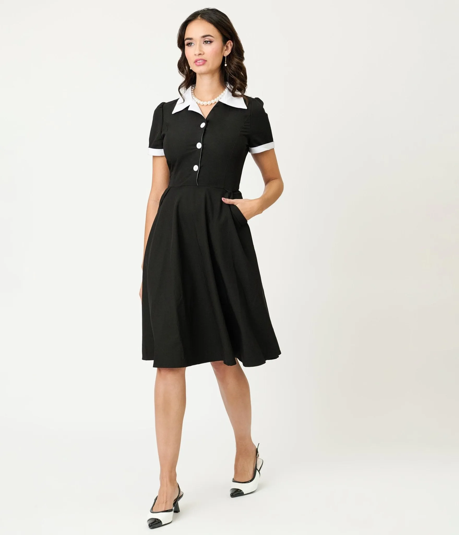 Black & White Collared Cotton Swing Dress sold by Unique Vintage product image thumbnail 4