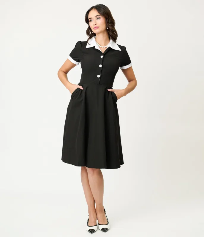 Black & White Collared Cotton Swing Dress sold by Unique Vintage
