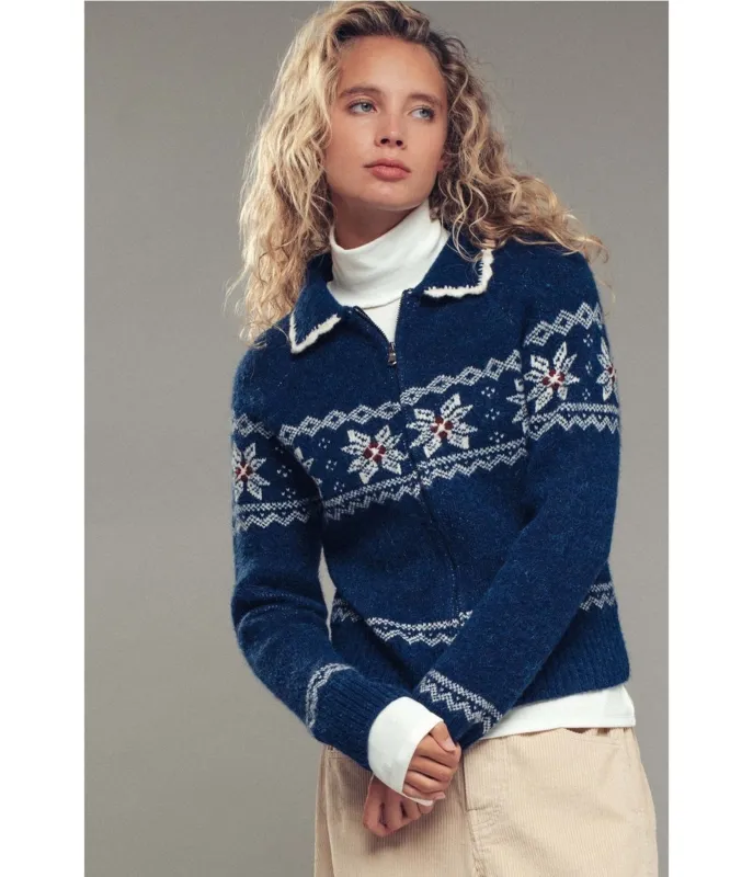 Blue Snowflake Fair Isle Zip-Up Knit Cardigan sold by Unique Vintage