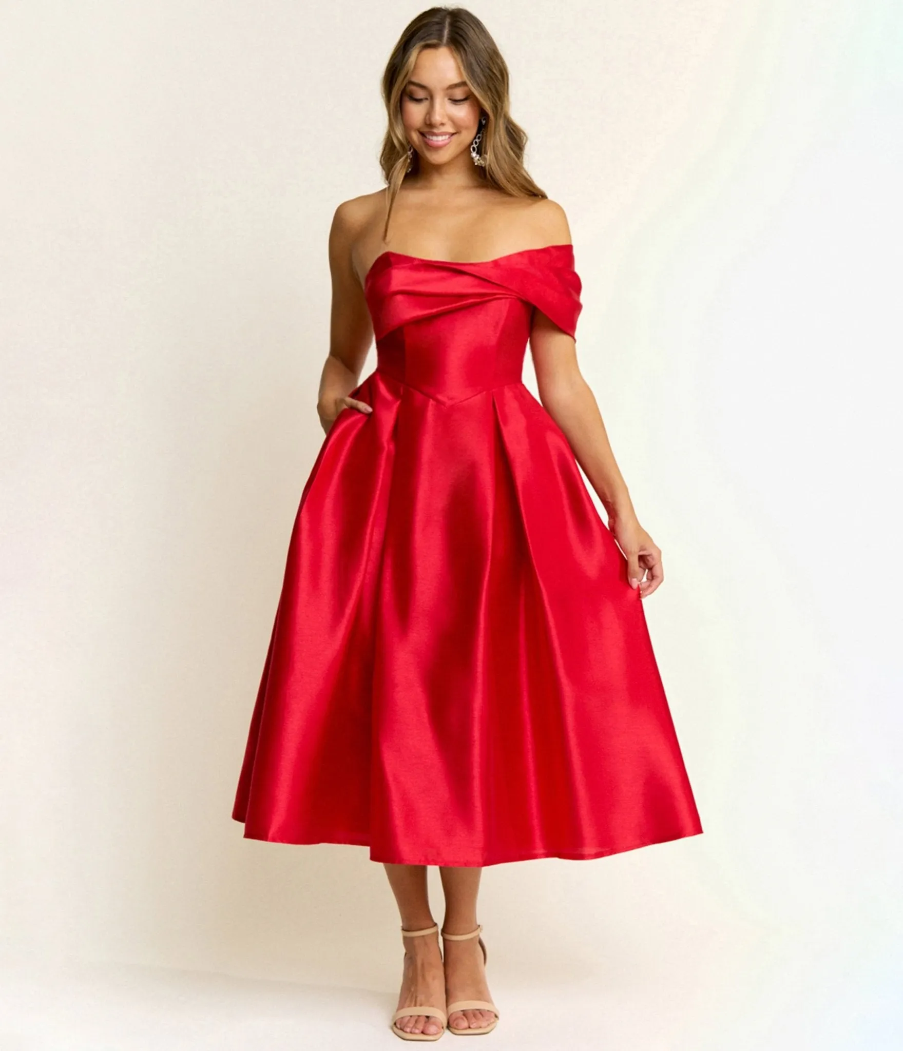Red Off The Shoulder Midi Dress sold by Unique Vintage