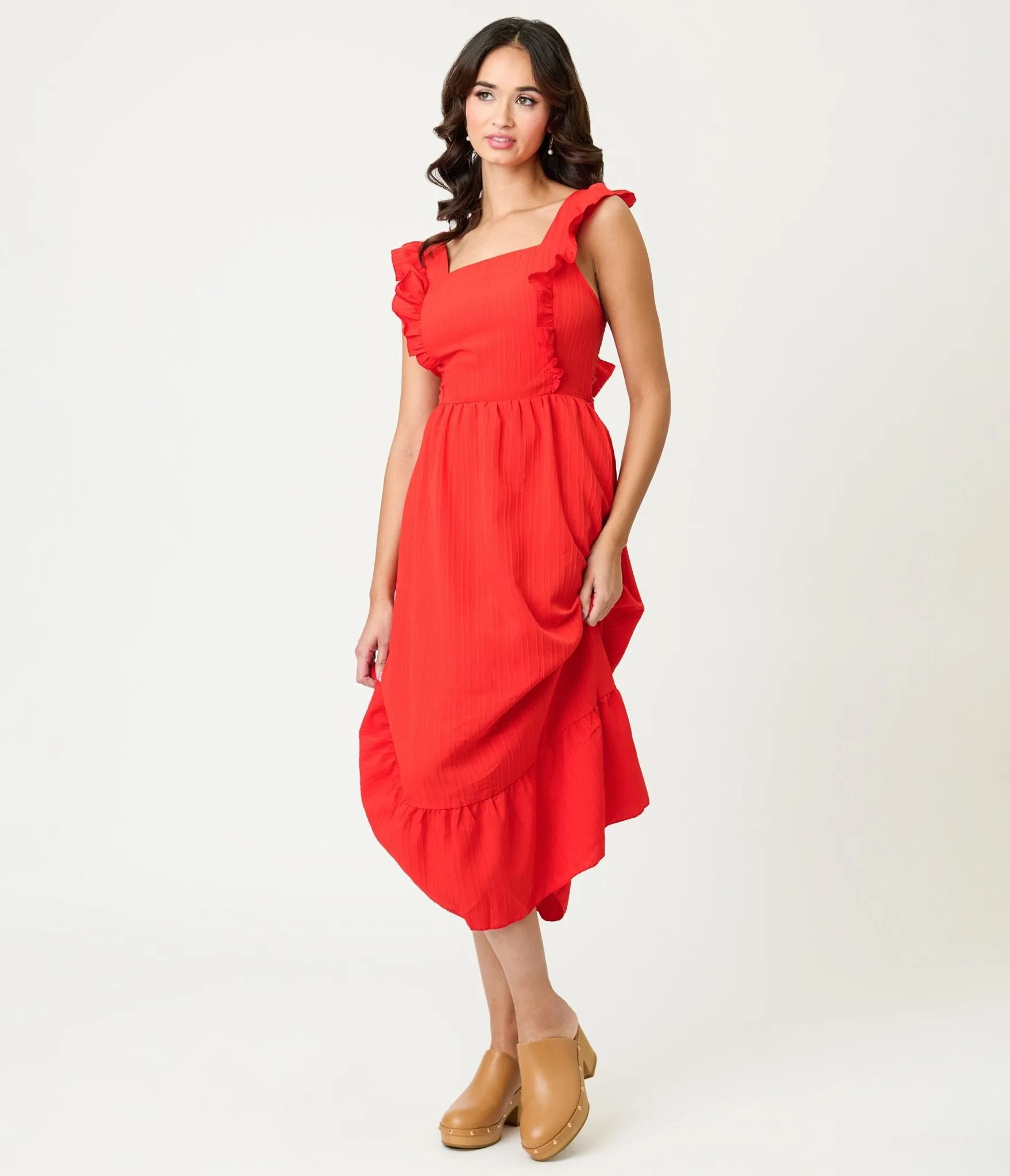 Red Ruffle Tie Back Midi Dress sold by Unique Vintage product image thumbnail 5