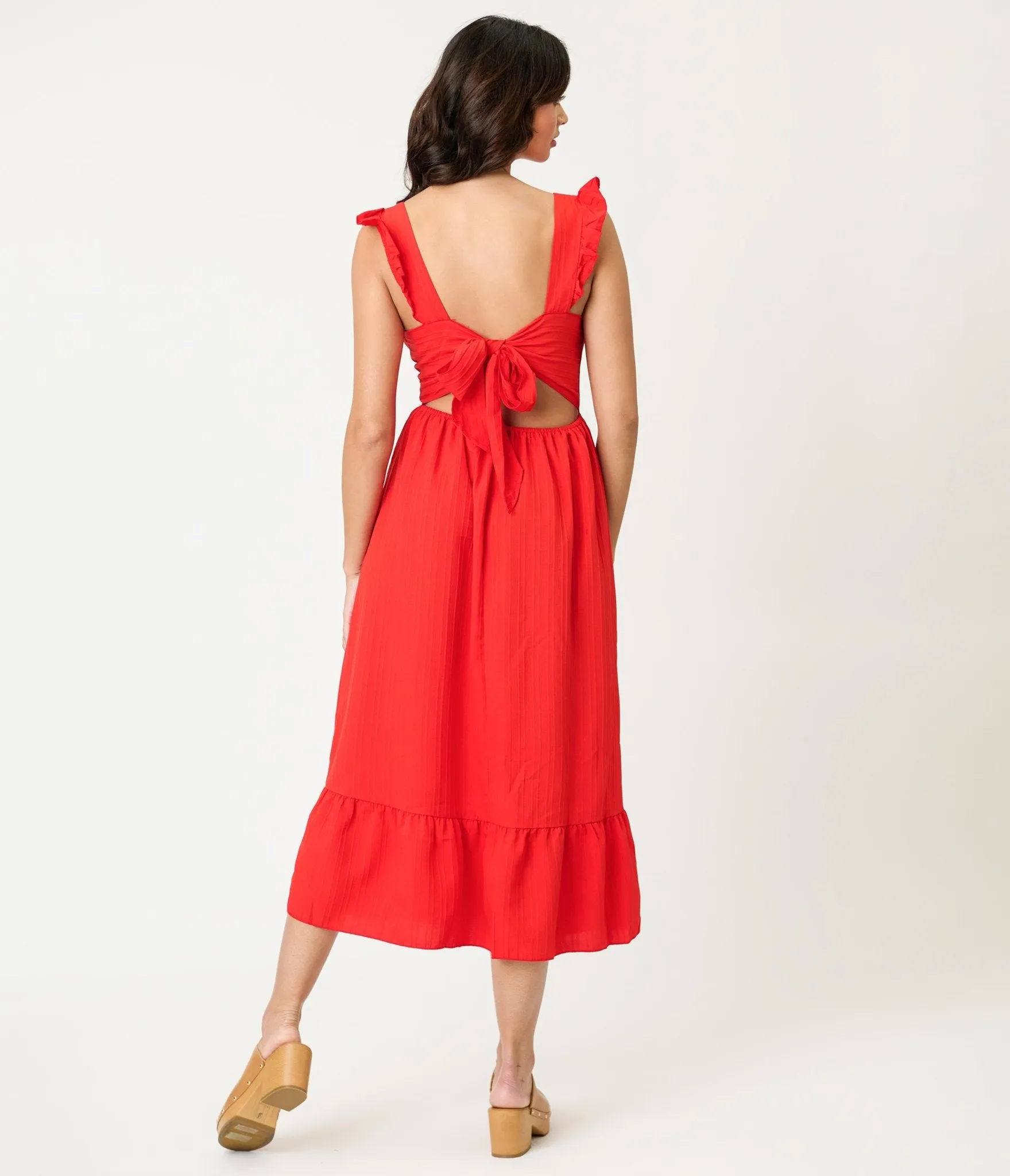 Red Ruffle Tie Back Midi Dress sold by Unique Vintage product image thumbnail 2