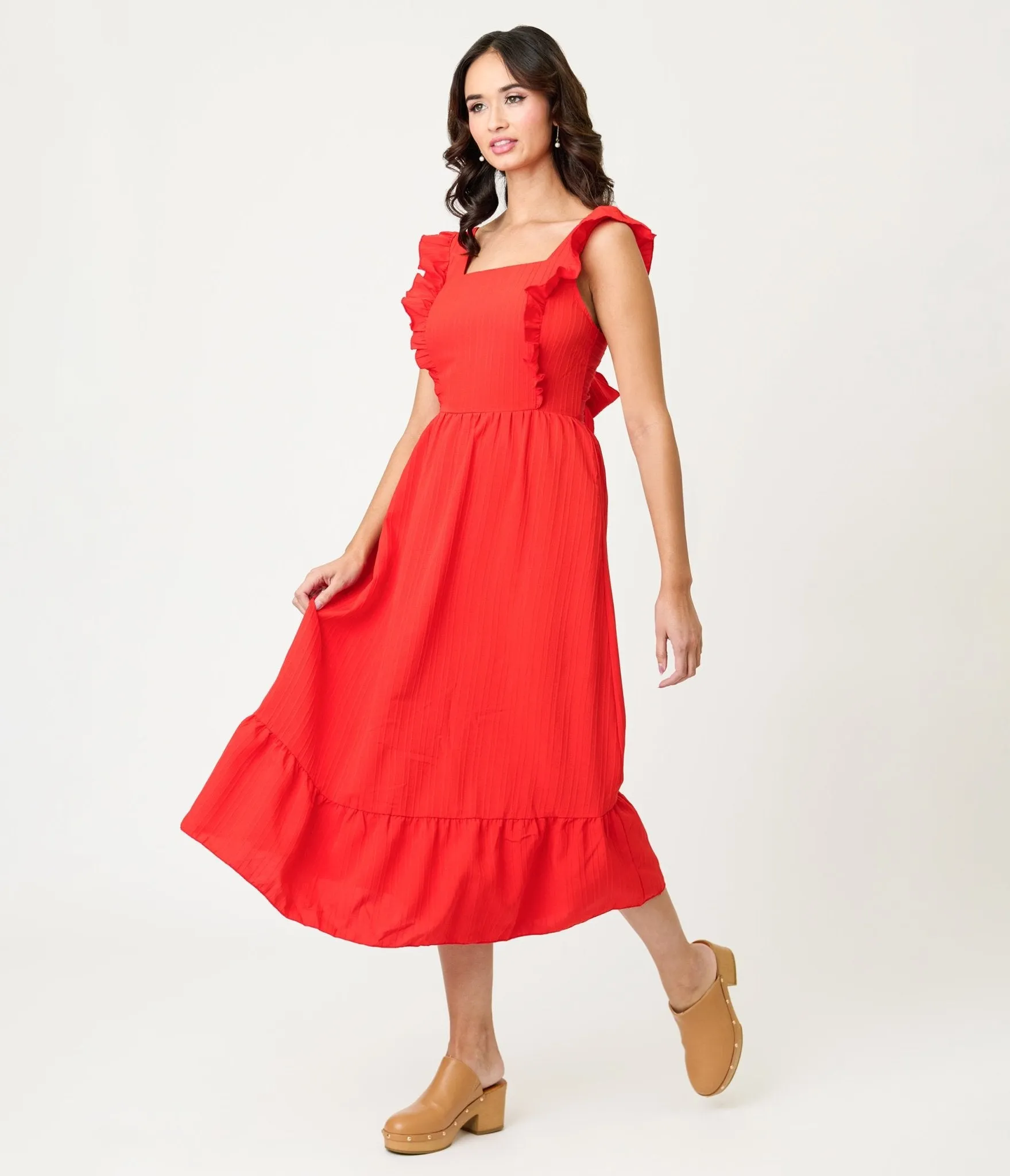 Red Ruffle Tie Back Midi Dress sold by Unique Vintage product image thumbnail 3
