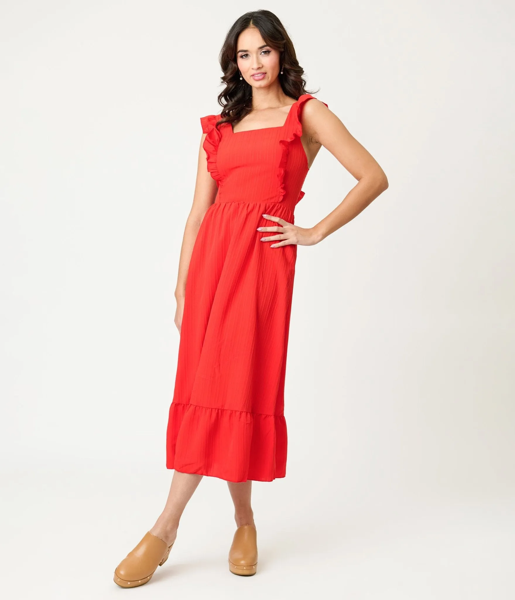 Red Ruffle Tie Back Midi Dress sold by Unique Vintage