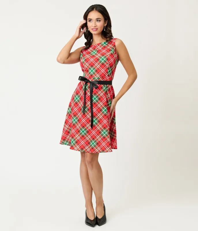 Red & Green Plaid Flare Dress sold by Unique Vintage