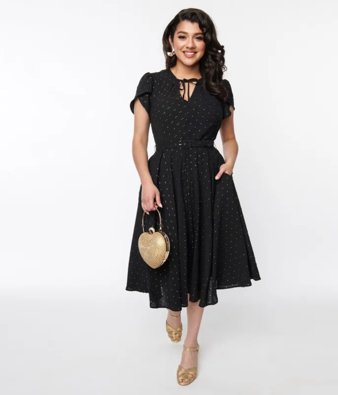 Unique Vintage Black & Gold Clip Dot Dahlia Swing Dress sold by Unique Vintage